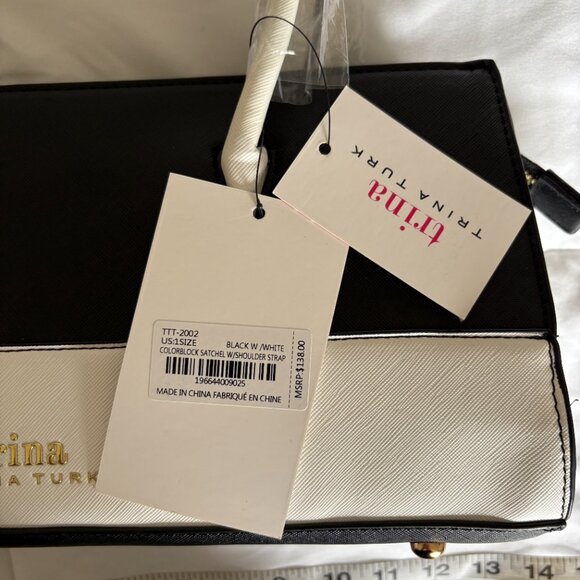 Trina Turk Colorblock Satchel W/ Shoulder Strap Vegan Leather Black & White NWT - Picture 4 of 8